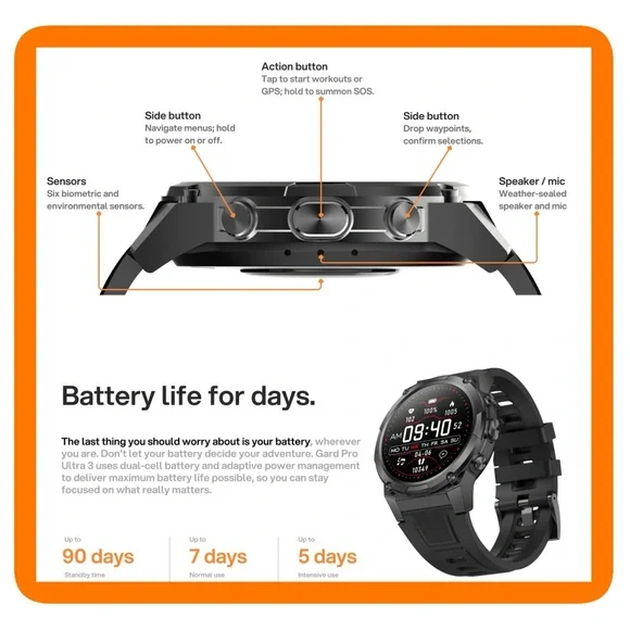 GARD Pro Ultra 3 Smartwatch - Silver and Orange